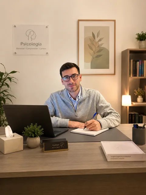 Guillermo, psicólogo, trabajando en su consulta